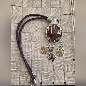 3/$20 Silver Tone And Enamel Dripping Qnd Dangle Balls With Brown Rope Necklace